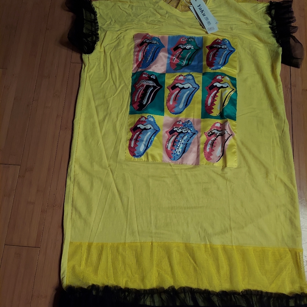 Yaku dress blk fringe rolling stones sparkles xl